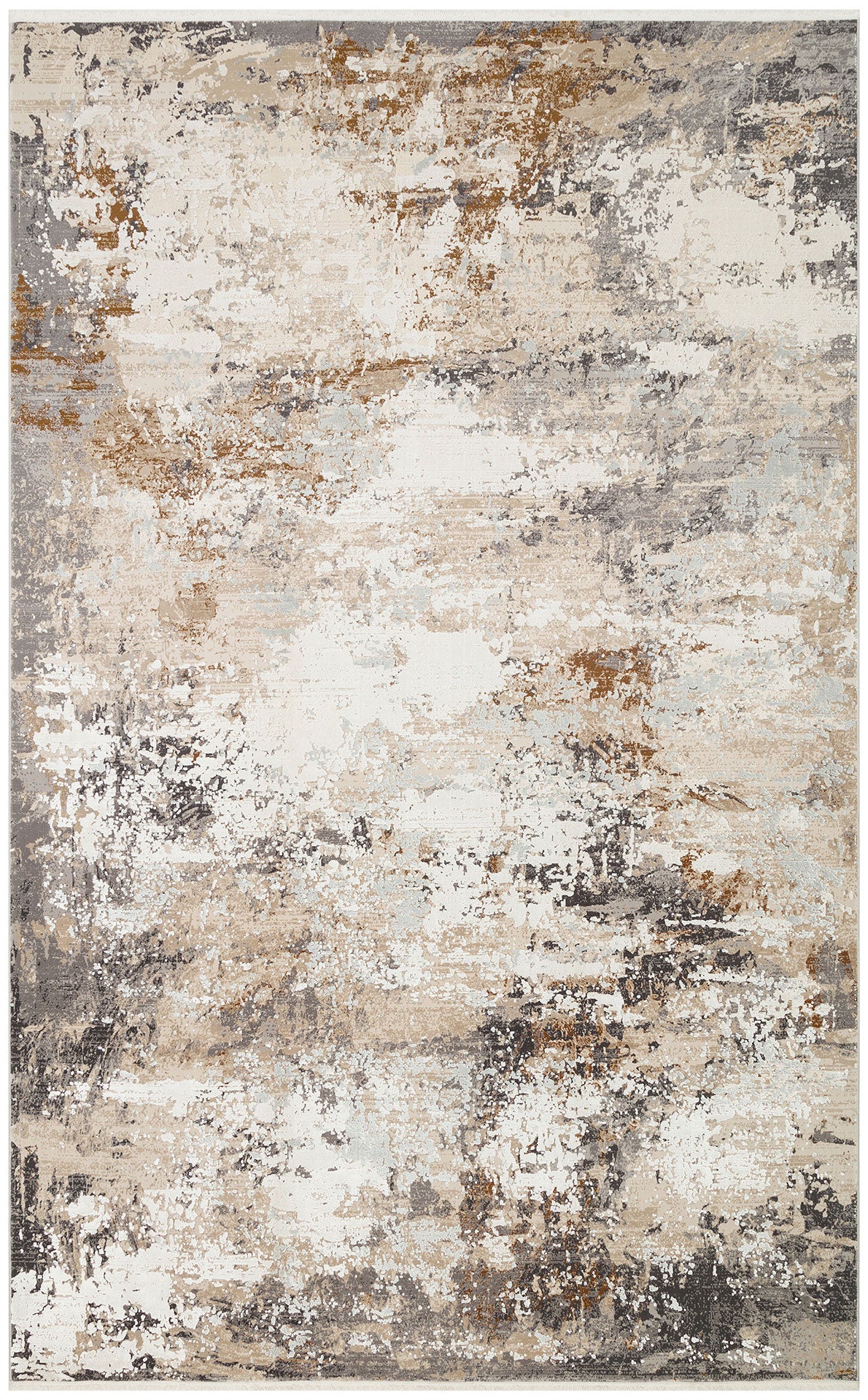 Abstract area rug with a distressed, layered texture in shades of cream, beige, charcoal, and copper.