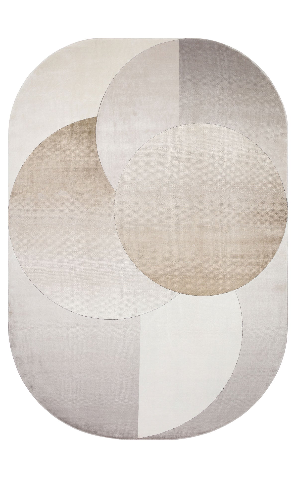 Oval rug with overlapping circular geometric shapes in neutral shades of beige, taupe, and cream.