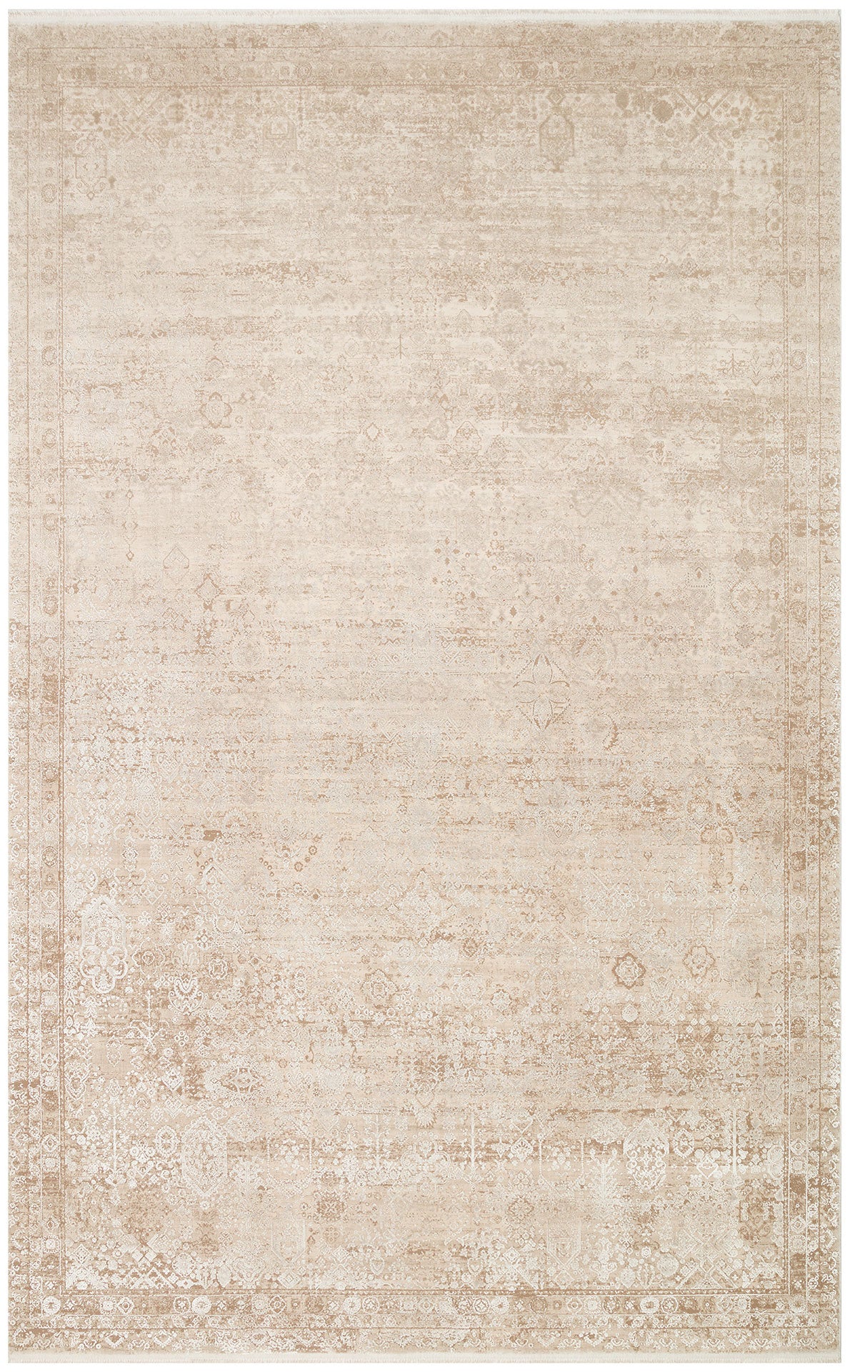 Beige and cream area rug with a distressed traditional medallion pattern and a decorative border.