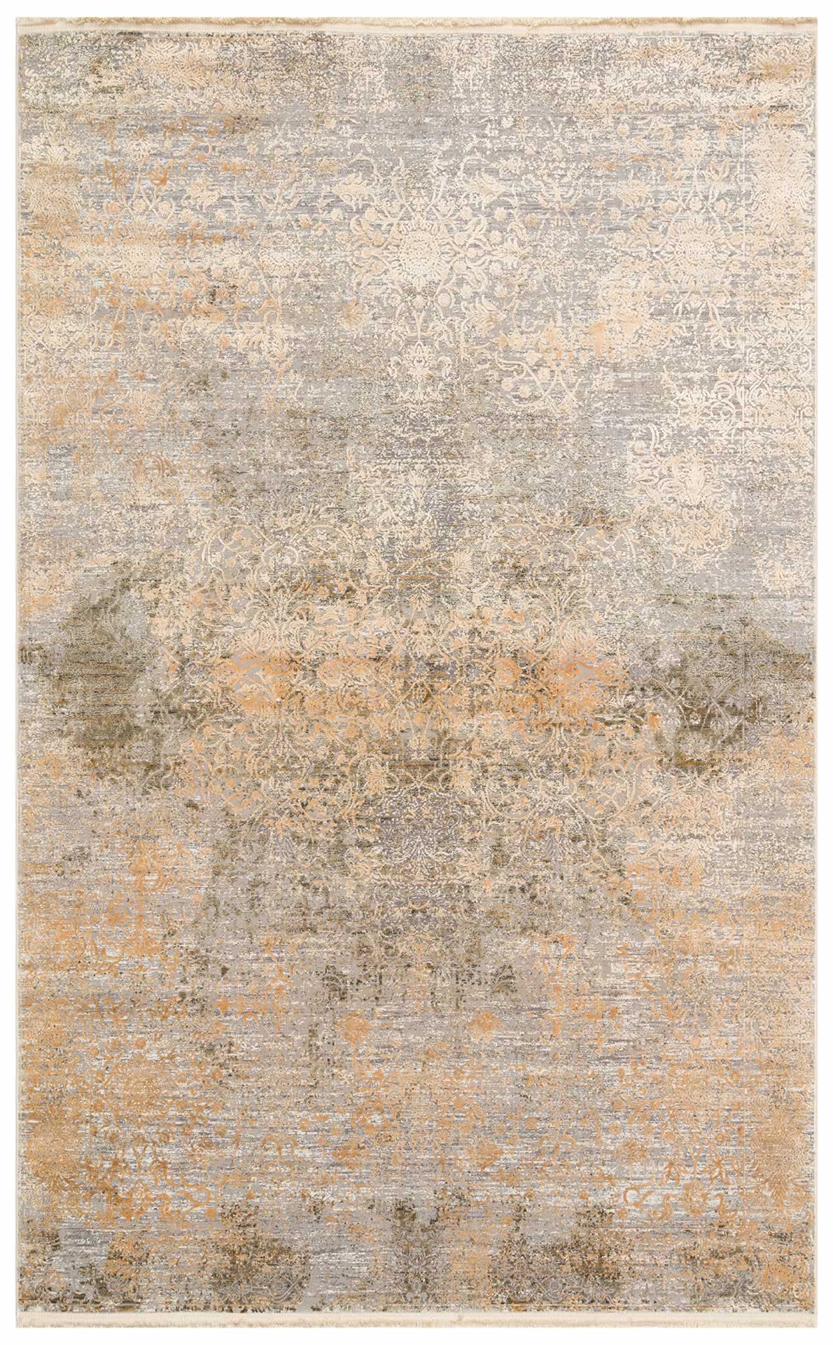 Distressed grey and beige rug with a faded traditional medallion pattern and subtle orange accents.