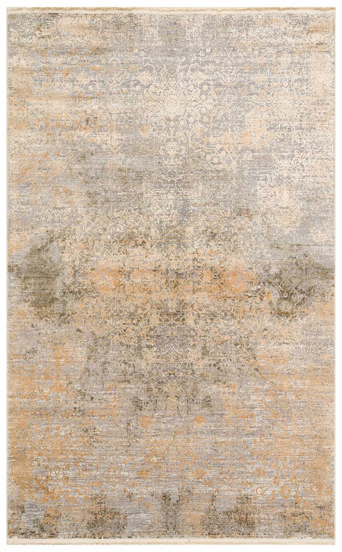 Load image 1 in gallery view. Distressed grey and beige rug with a faded traditional medallion pattern and subtle orange accents.