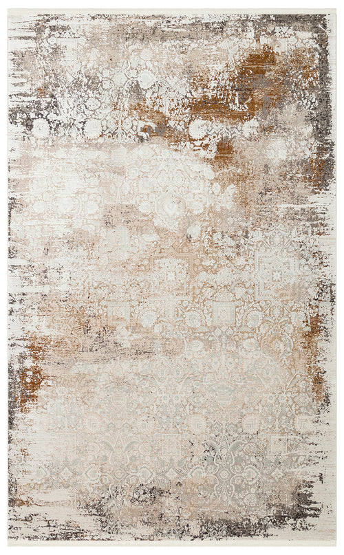 Load image 1 in gallery view. Cream, beige, and rust-colored area rug with a distressed, faded traditional medallion pattern.