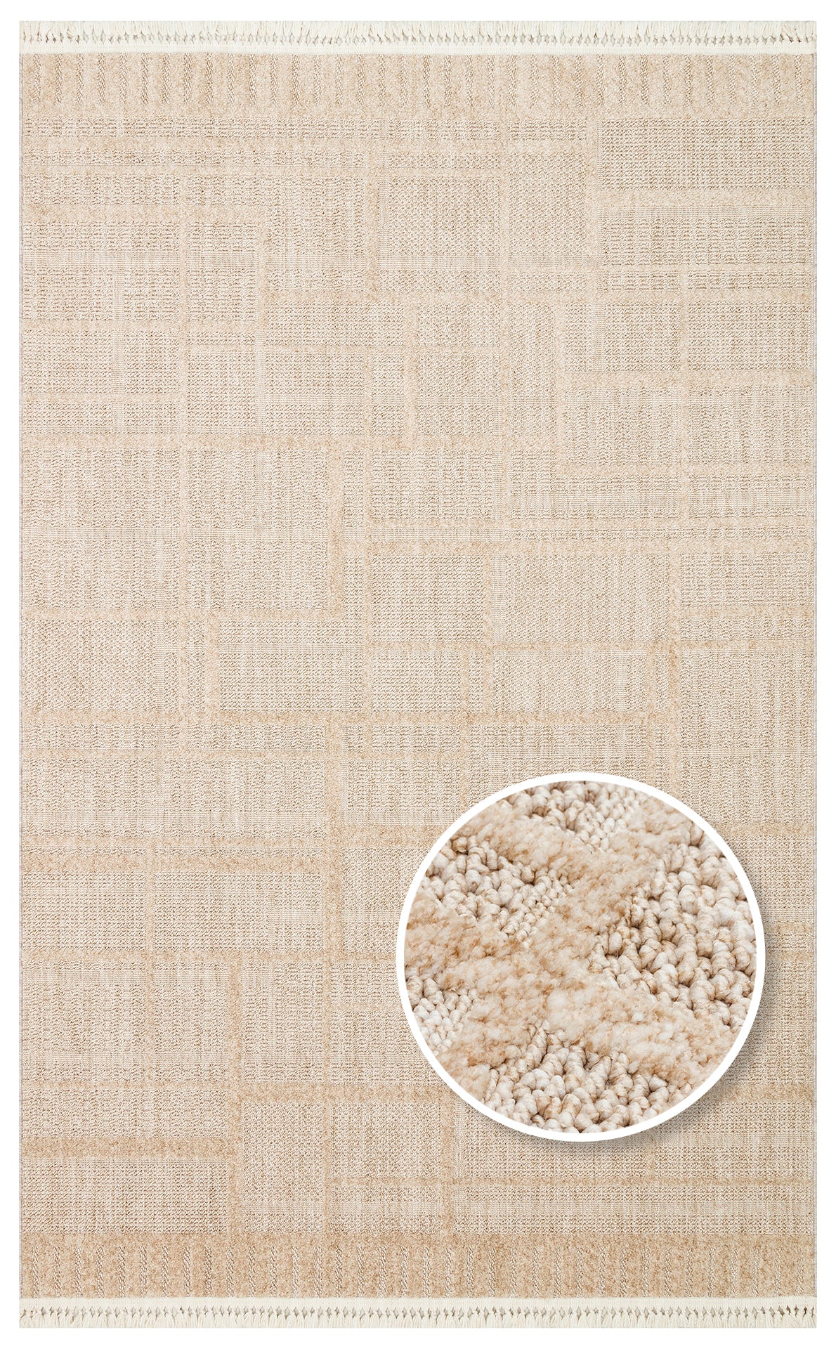 Beige area rug with a tonal geometric block pattern and a textured, high-pile circular detail inset.