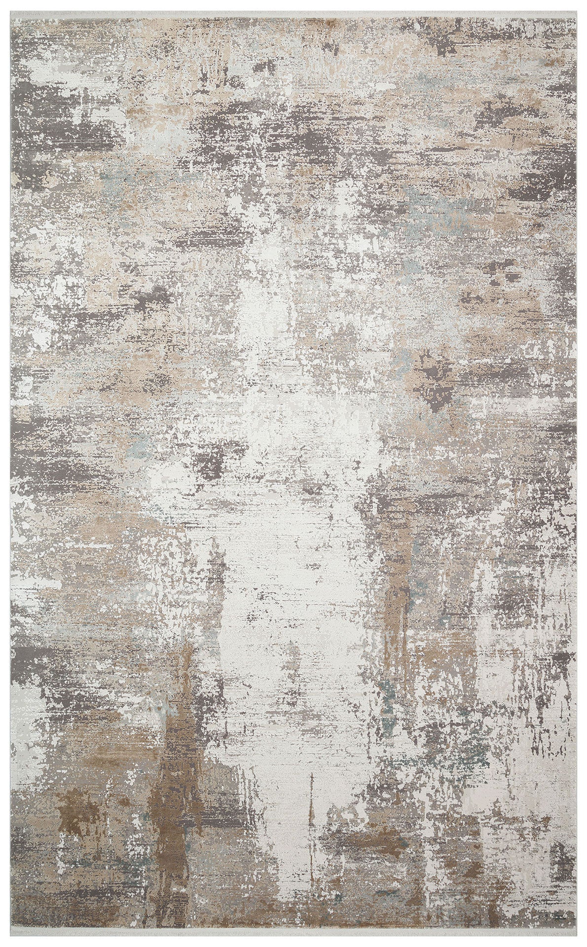 Grey, beige, and white abstract area rug with a distressed, weathered texture.