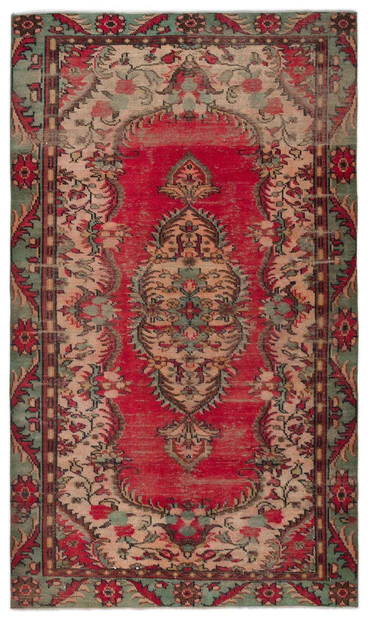 Red and sage green traditional rug with a central floral medallion and ornate border on a white background.