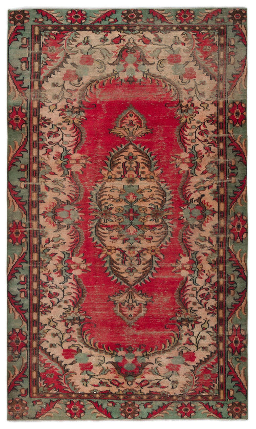 Load image 1 in gallery view. Red and sage green traditional rug with a central floral medallion and ornate border on a white background.