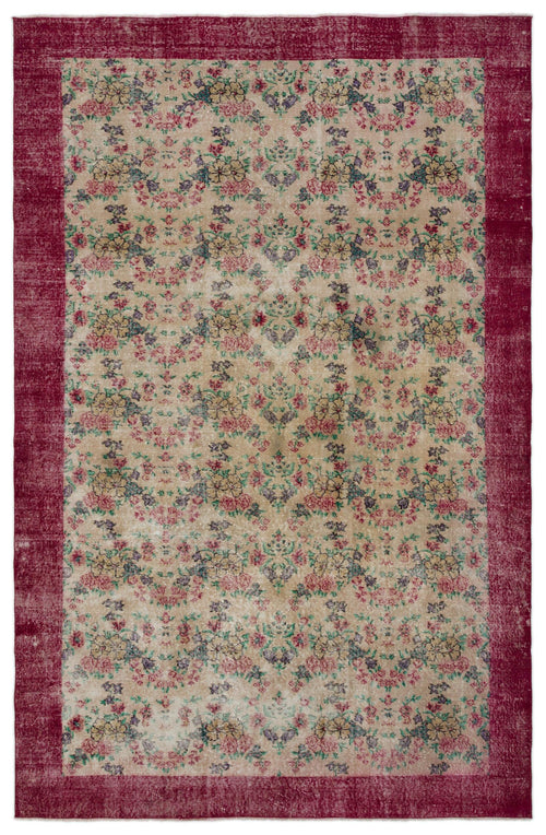 Load image 1 in gallery view. Beige vintage-style rug with a distressed floral pattern and a wide, solid deep red border.