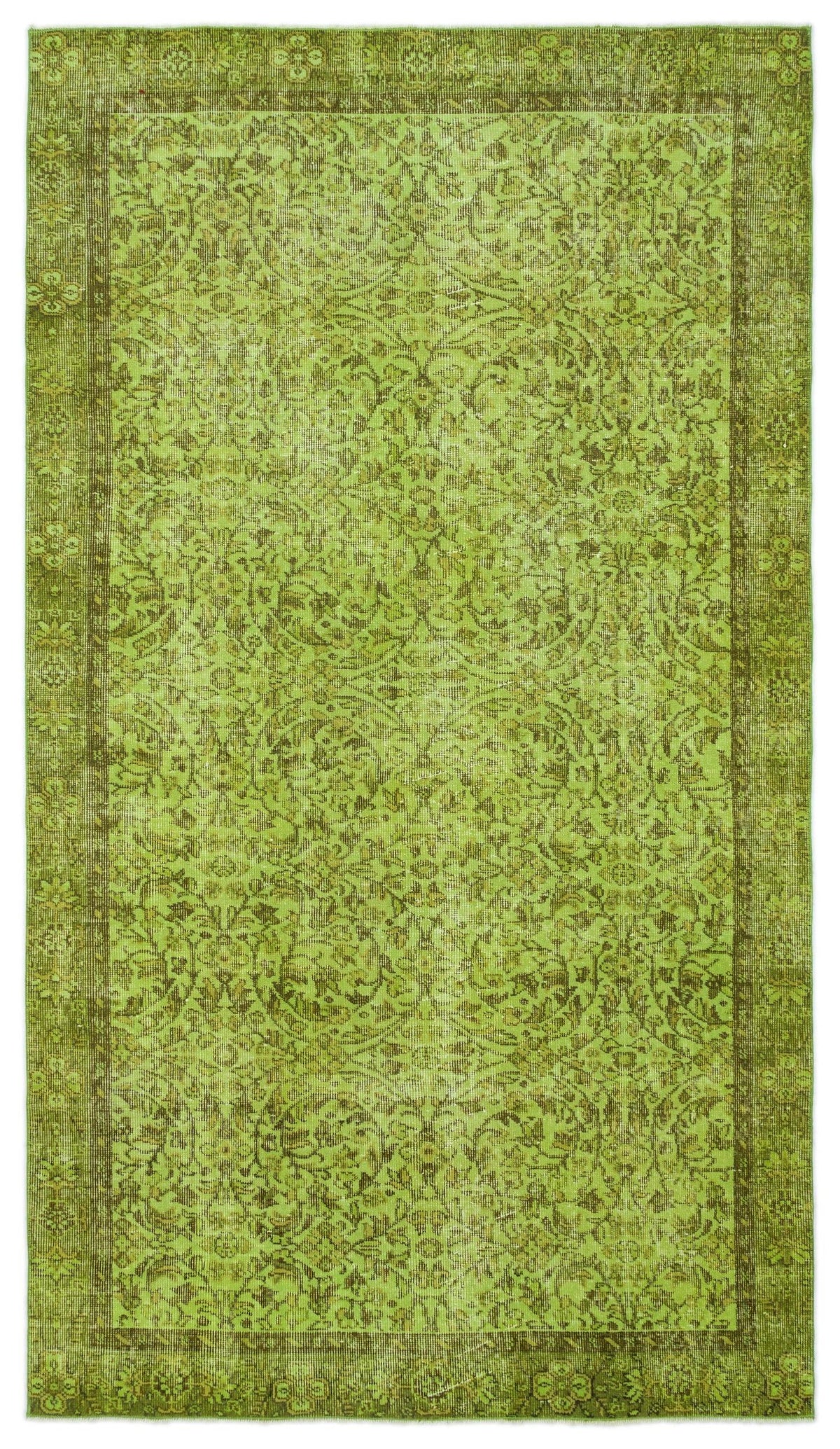 Chartreuse and olive green traditional rug with a distressed floral medallion pattern and a decorative border.