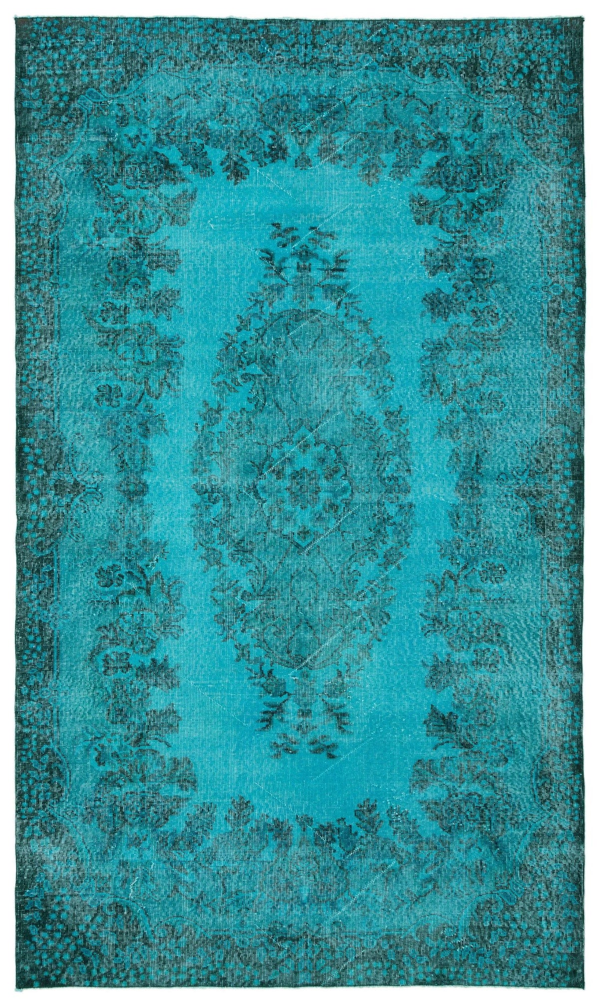 Turquoise and black distressed vintage-style rug with a central floral medallion and ornate border.