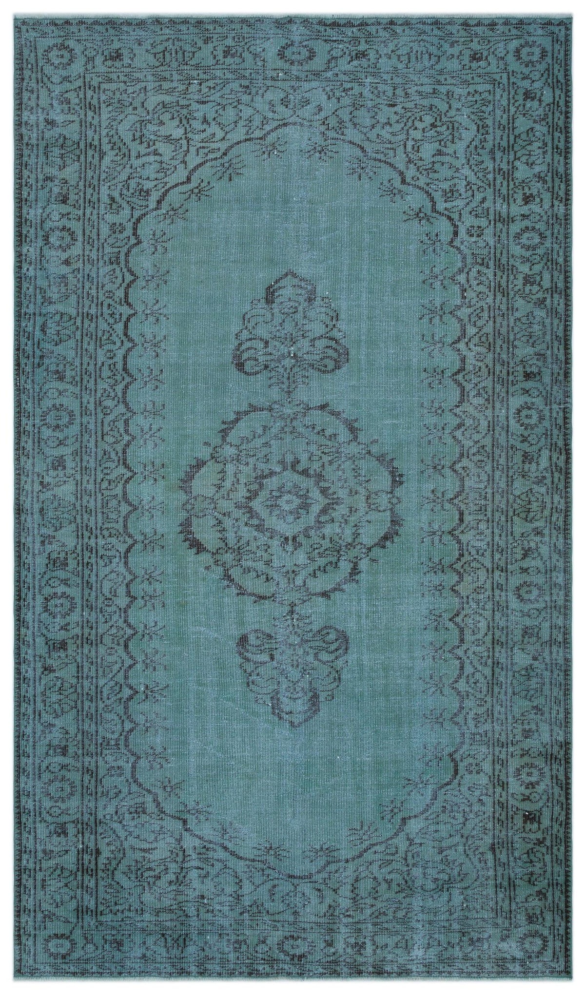 Teal and charcoal distressed area rug with a traditional central medallion and ornate floral border.