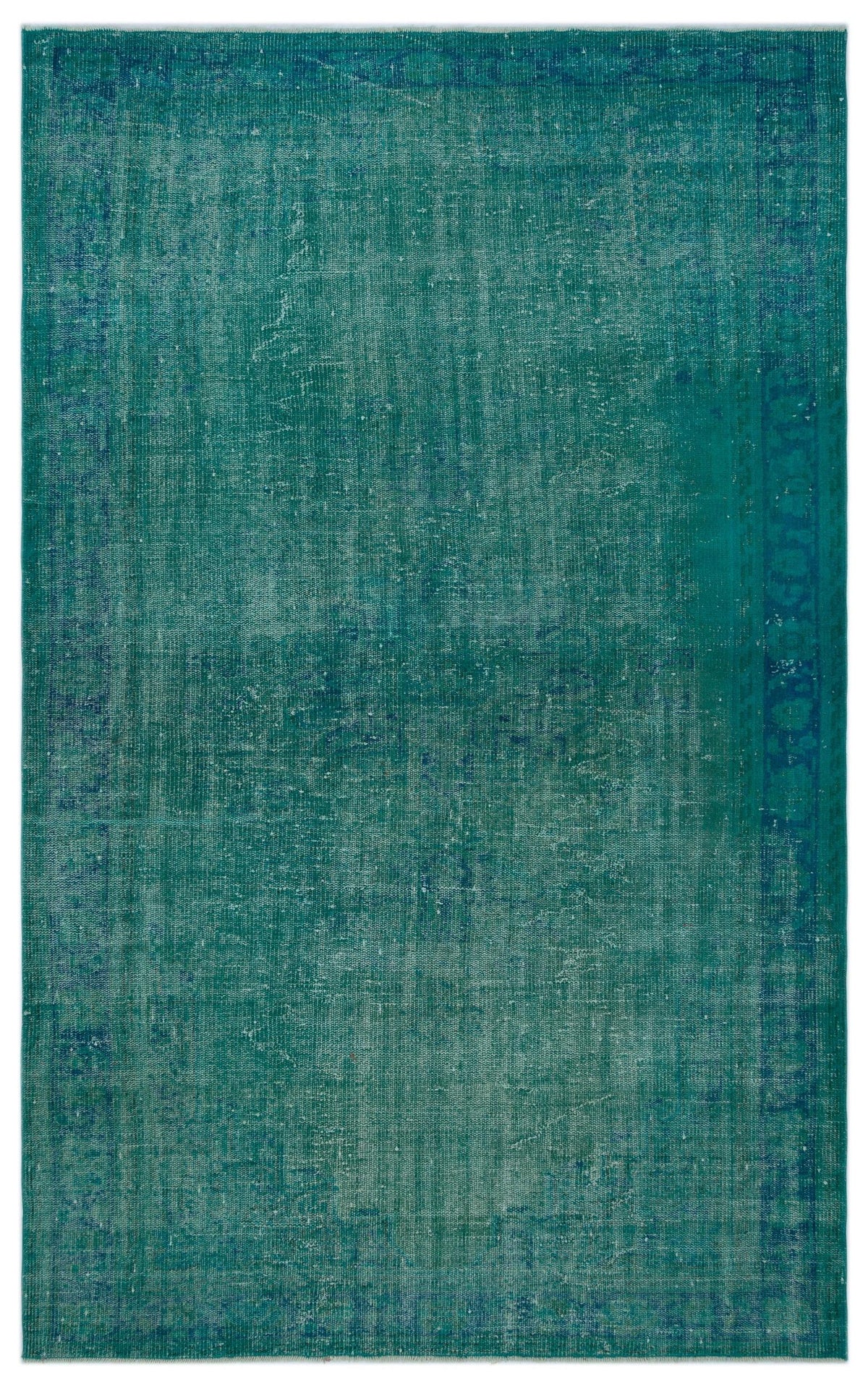 Teal distressed area rug with a faded traditional border pattern on a white background.