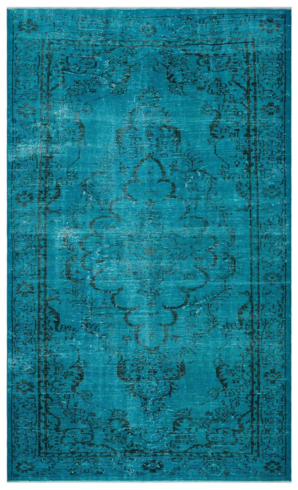 Teal distressed rug with a black traditional floral medallion pattern and a decorative border.
