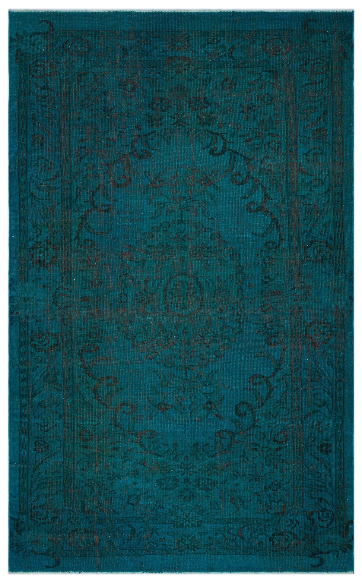 Teal and dark charcoal traditional rug with a central floral medallion and ornate border pattern.