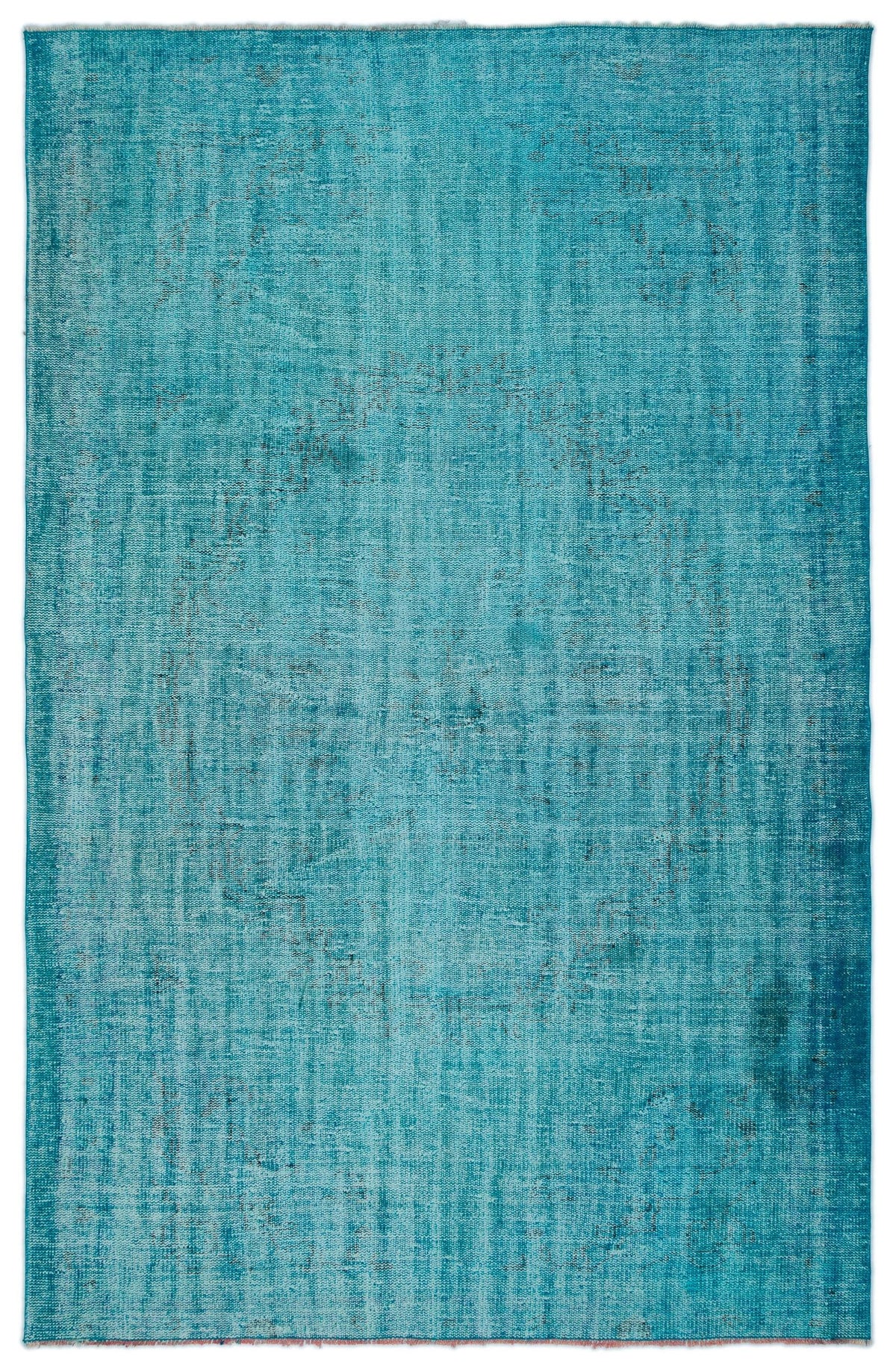 Teal distressed vintage-style rug with a faint, faded central medallion pattern on a white background.