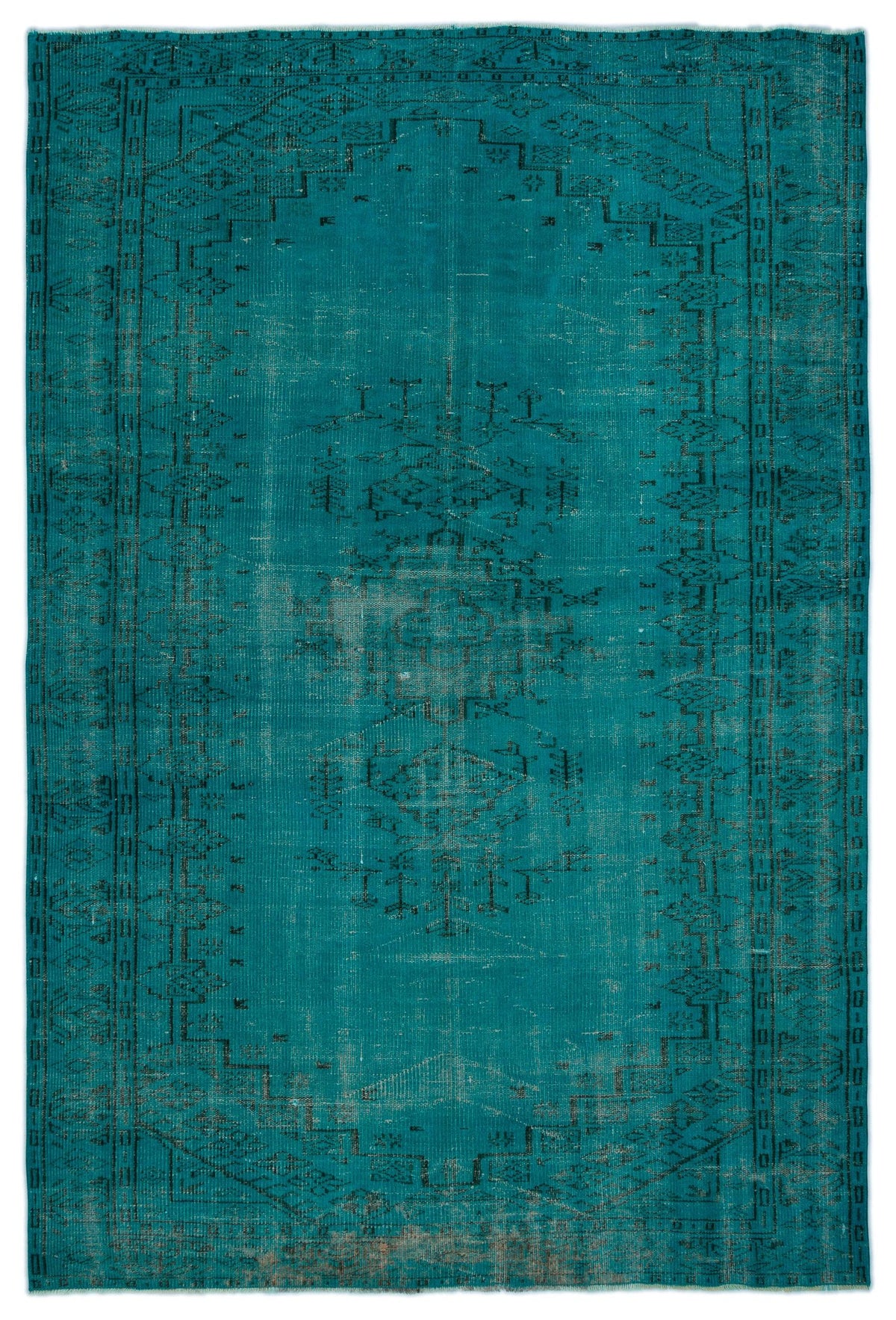 Teal distressed area rug with a dark charcoal traditional medallion and geometric border pattern.