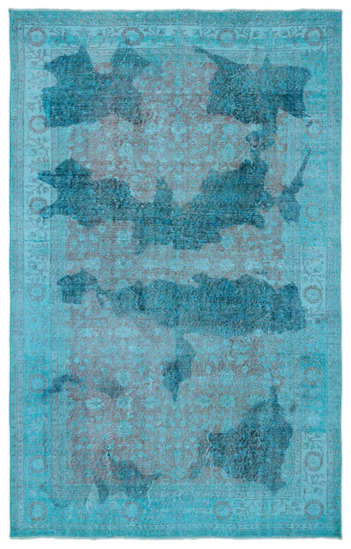 Turquoise and grey distressed rug with an overdyed traditional medallion pattern and a bordered edge.