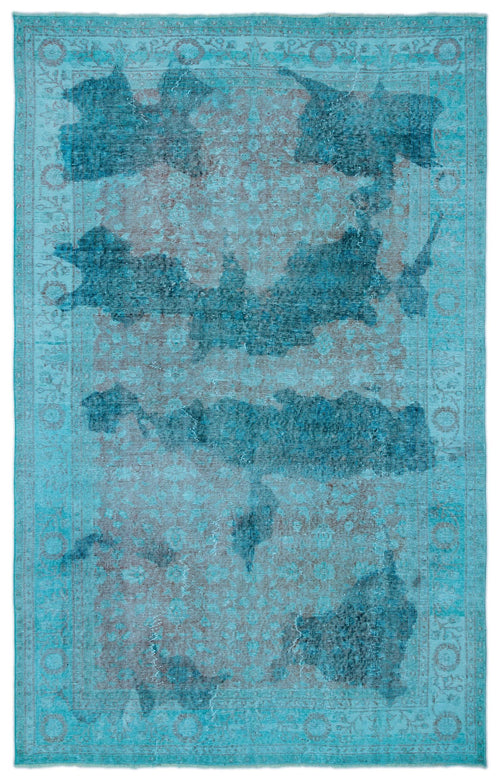 Load image 1 in gallery view. Turquoise and grey distressed rug with an overdyed traditional medallion pattern and a bordered edge.