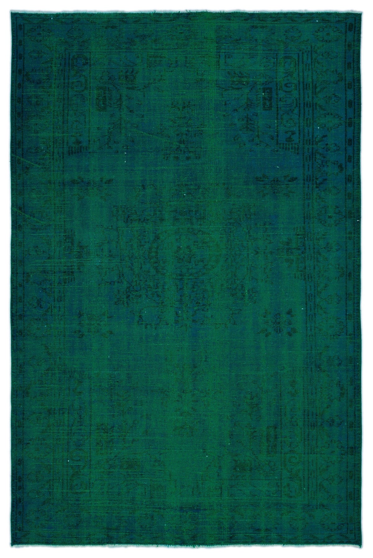 Emerald green vintage-style rug with a faint, tonal traditional medallion pattern and a bordered edge.