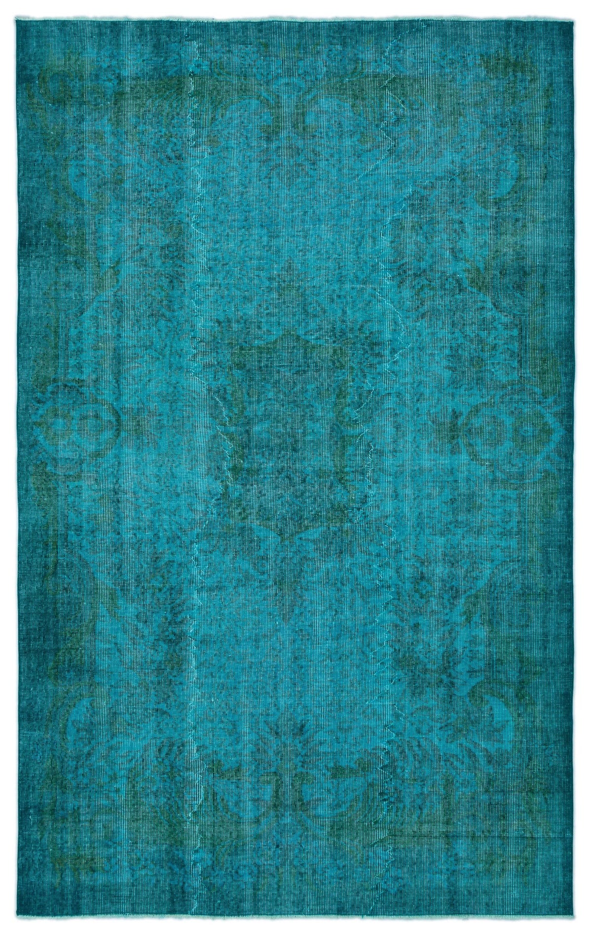 Teal and dark green distressed rug with a faded traditional medallion pattern on a white background.