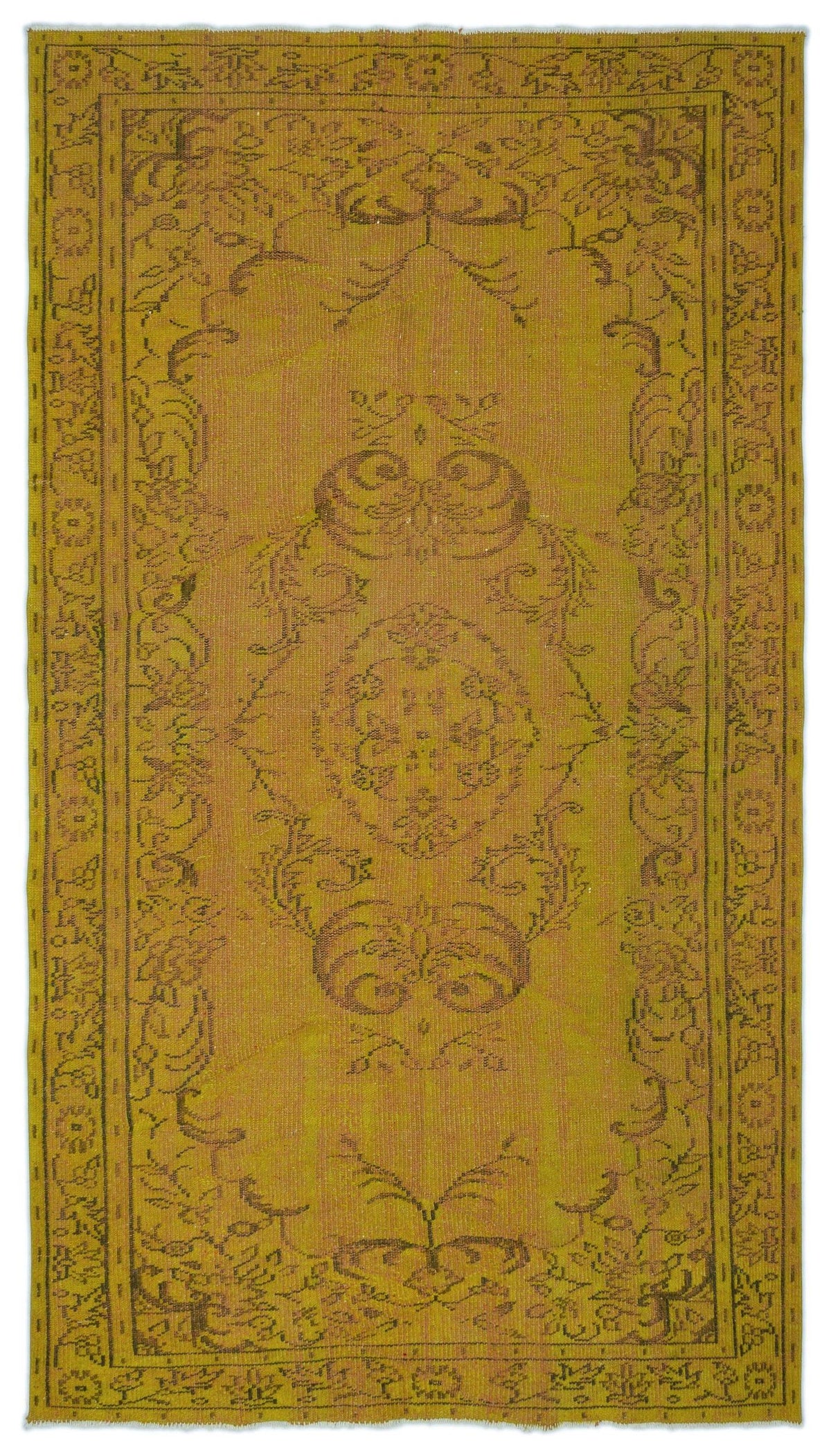 Mustard yellow rug with a dark brown traditional floral medallion and ornate border pattern on a white background.