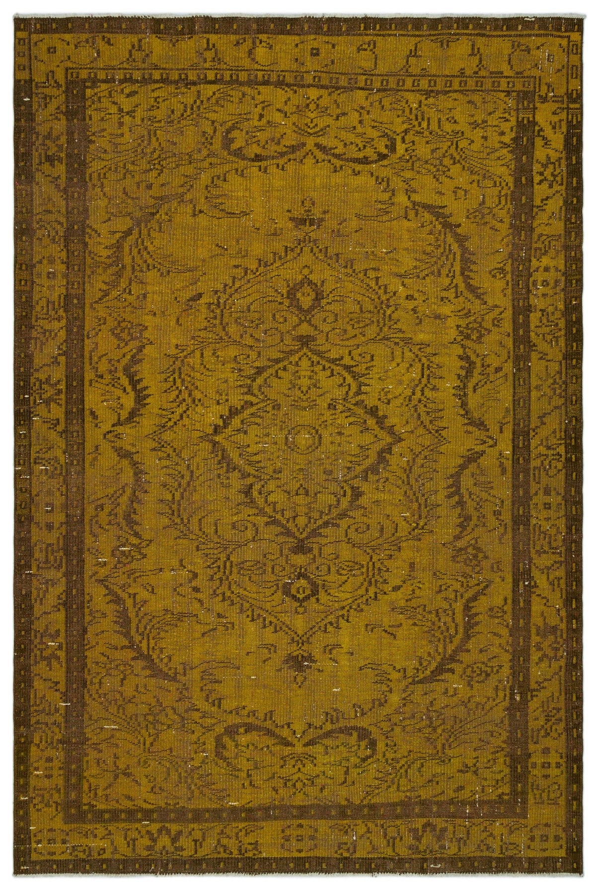 Mustard yellow and dark brown traditional rug with a central floral medallion and a decorative geometric border.