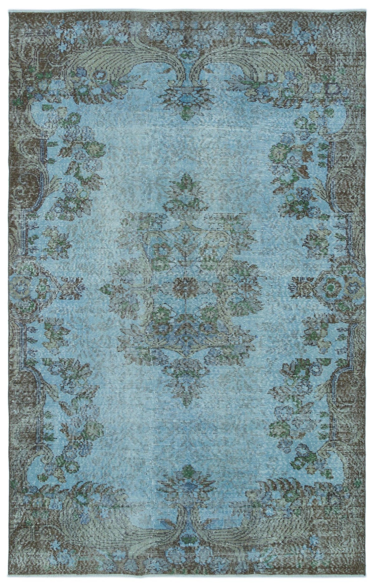 Distressed light blue rug with a dark brown floral border and a central medallion pattern.