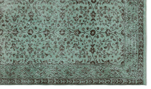 Load image 1 in gallery view. Distressed mint green rug with a dark brown floral vine pattern and a decorative border.
