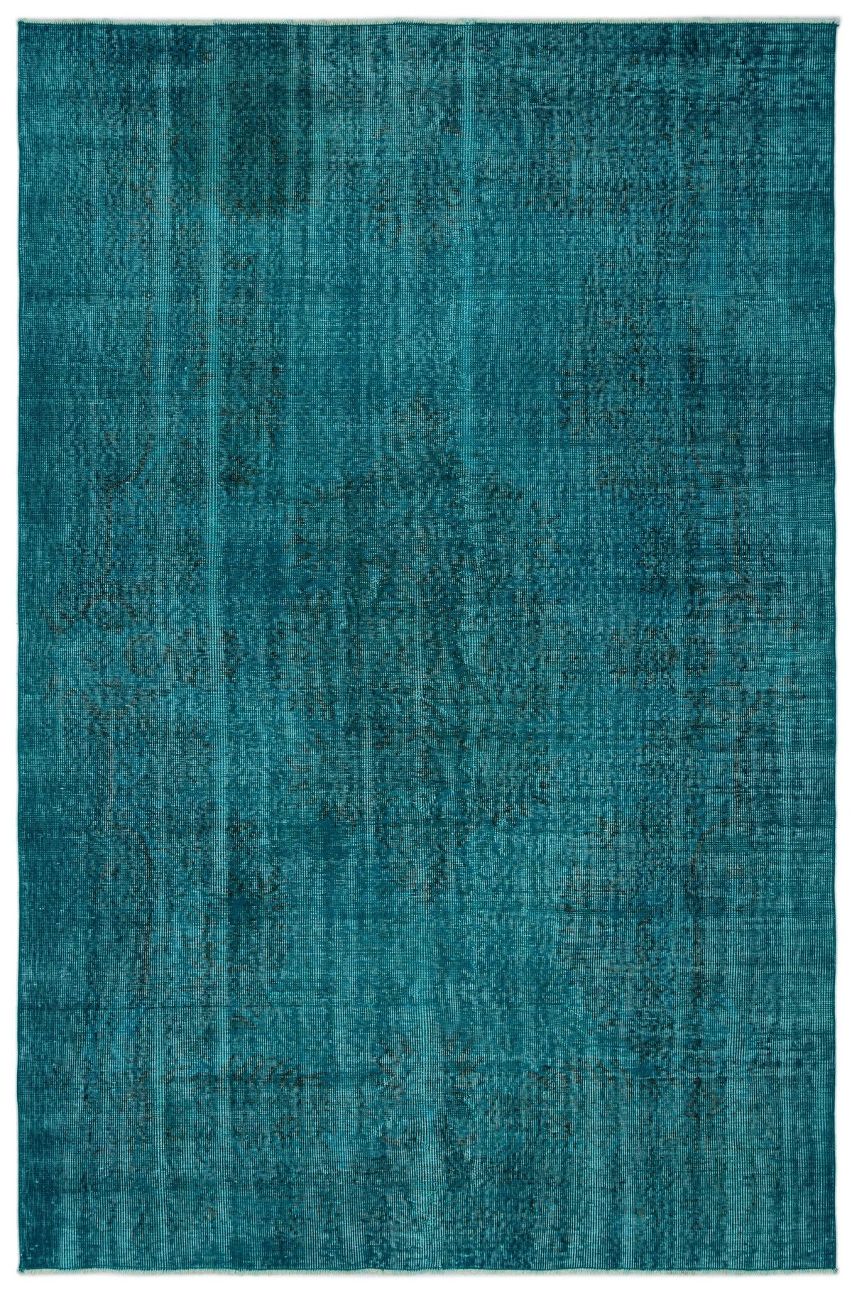 Teal distressed vintage-style rug with a faint, faded central medallion pattern.