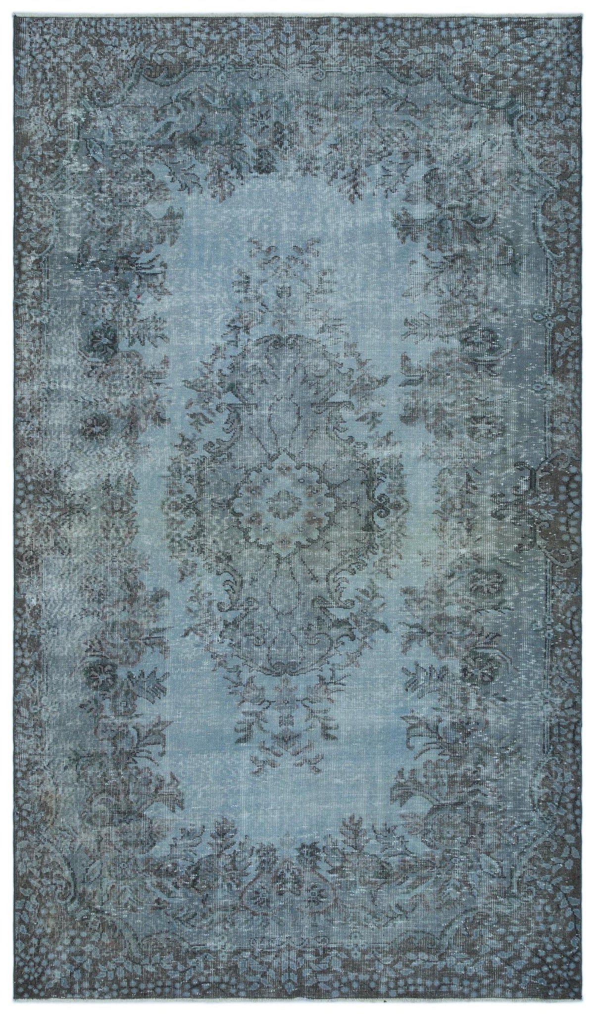 Distressed blue and charcoal traditional rug with a central floral medallion and ornate border.