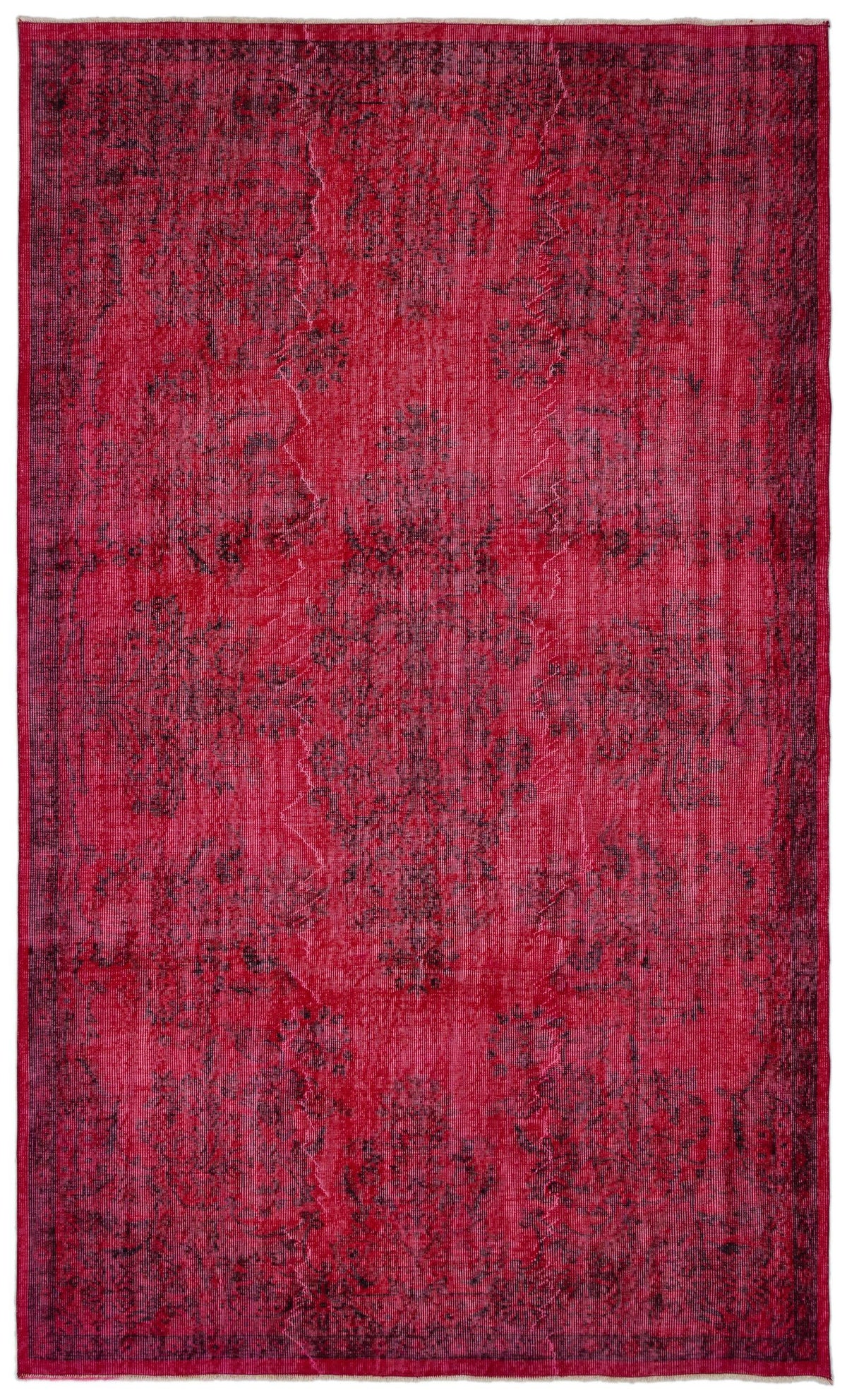 Deep red vintage-style rug with a distressed black floral medallion pattern and a bordered edge.