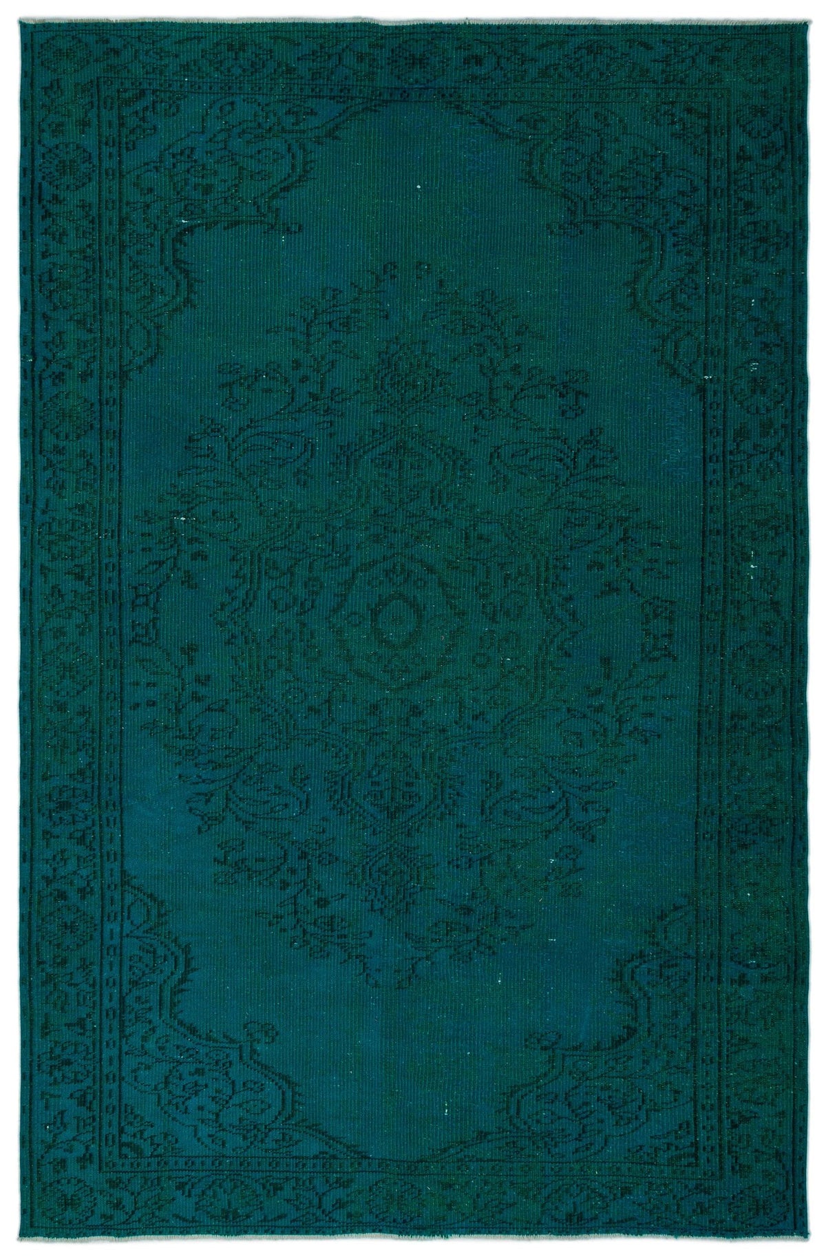 Dark teal monochromatic rug with a traditional central medallion and ornate border pattern.