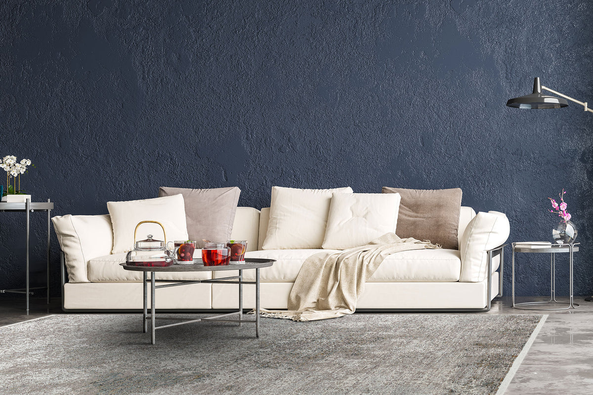 Grey and beige distressed area rug in a modern living room with a white sofa and dark blue wall.