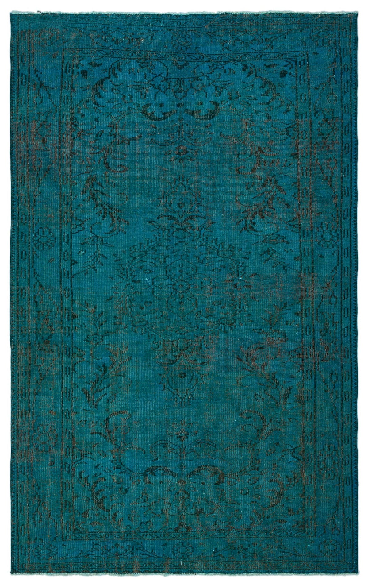 Teal rug with a dark, distressed traditional floral medallion pattern and a decorative border.