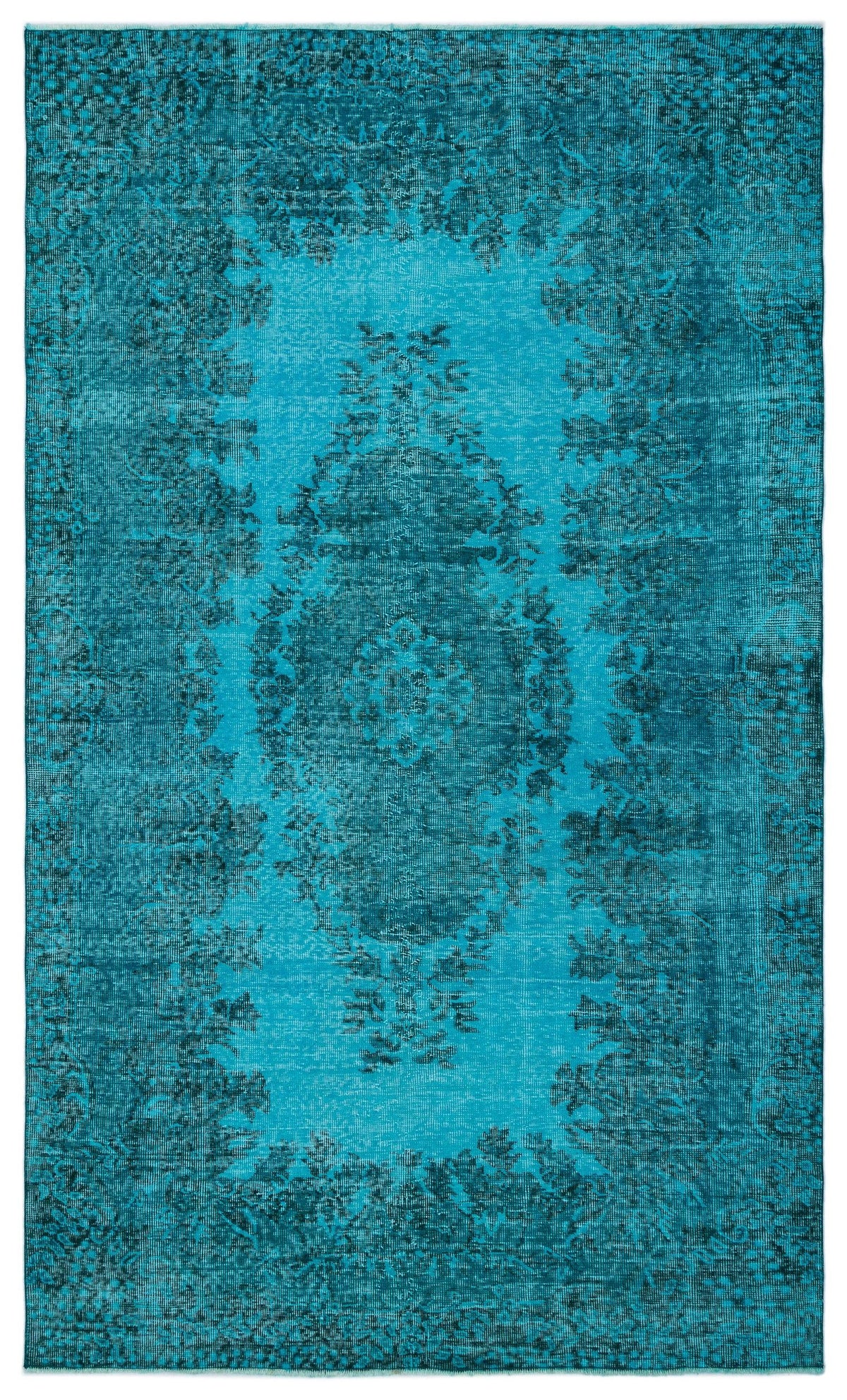 Teal and dark blue distressed rug with a central floral medallion and ornate border pattern.