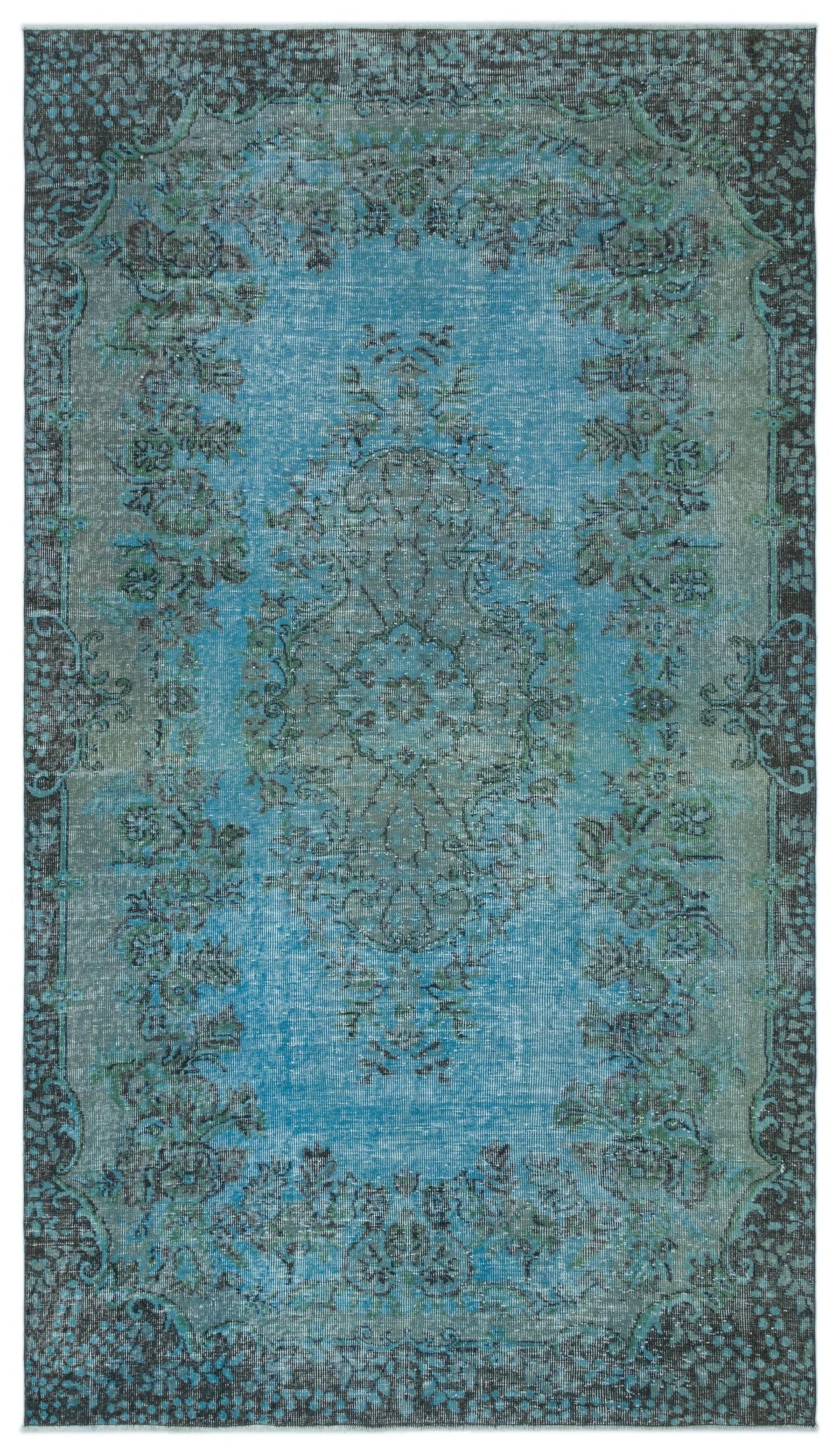 Blue and charcoal distressed traditional rug with a central floral medallion and ornate border.