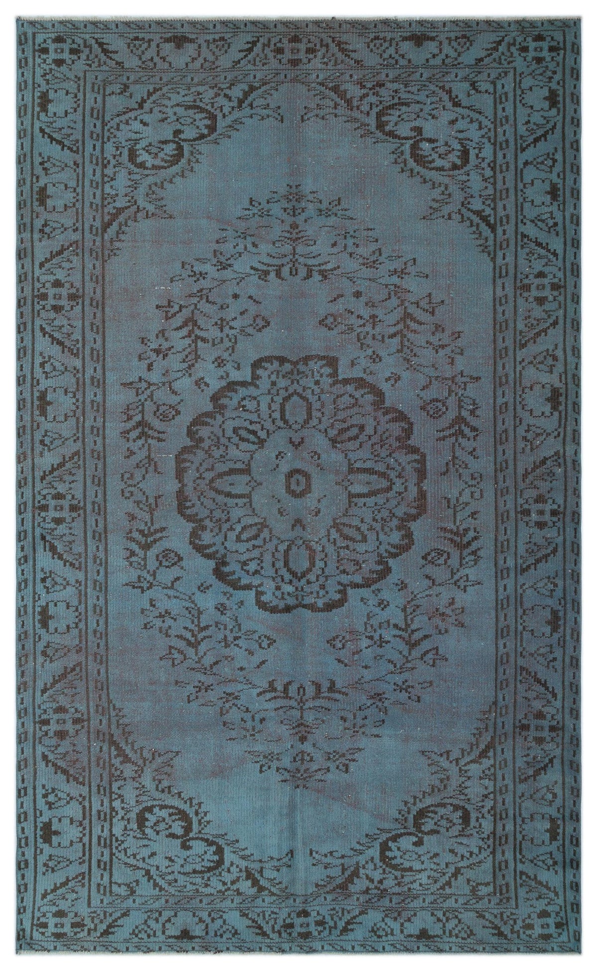 Teal and charcoal distressed rug with a central floral medallion and ornate border pattern.