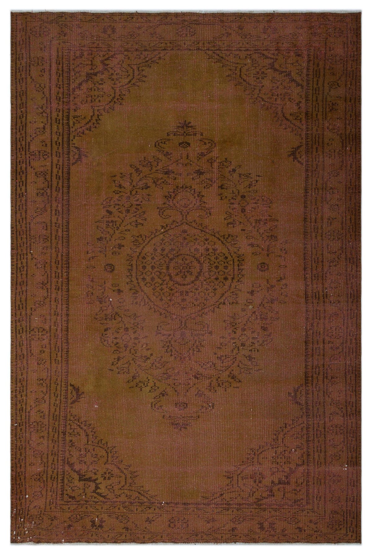 Dark brown vintage-style rug with a central floral medallion and a detailed border on a white background.