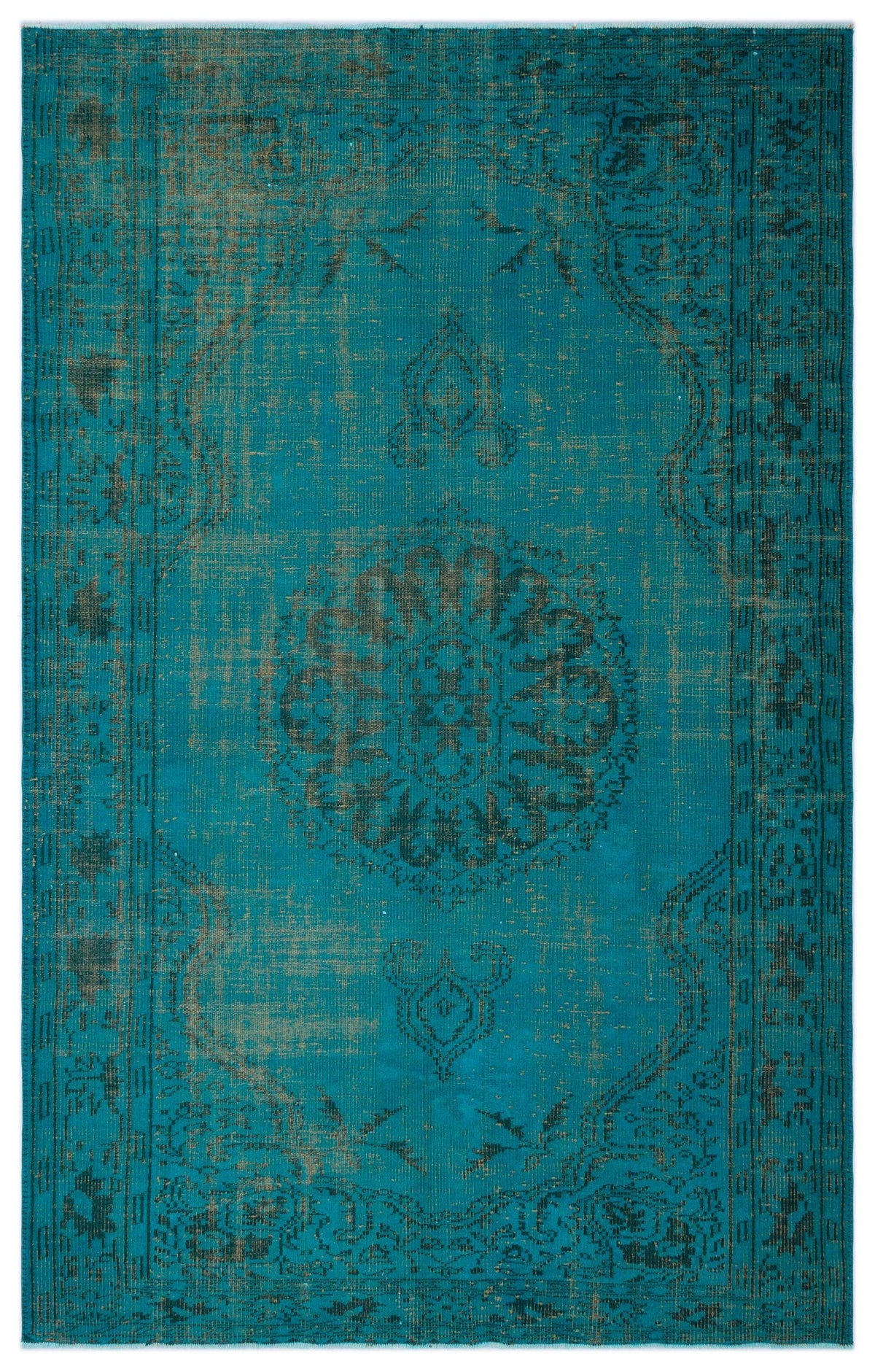 Teal and charcoal distressed rug with a central floral medallion and traditional border pattern.