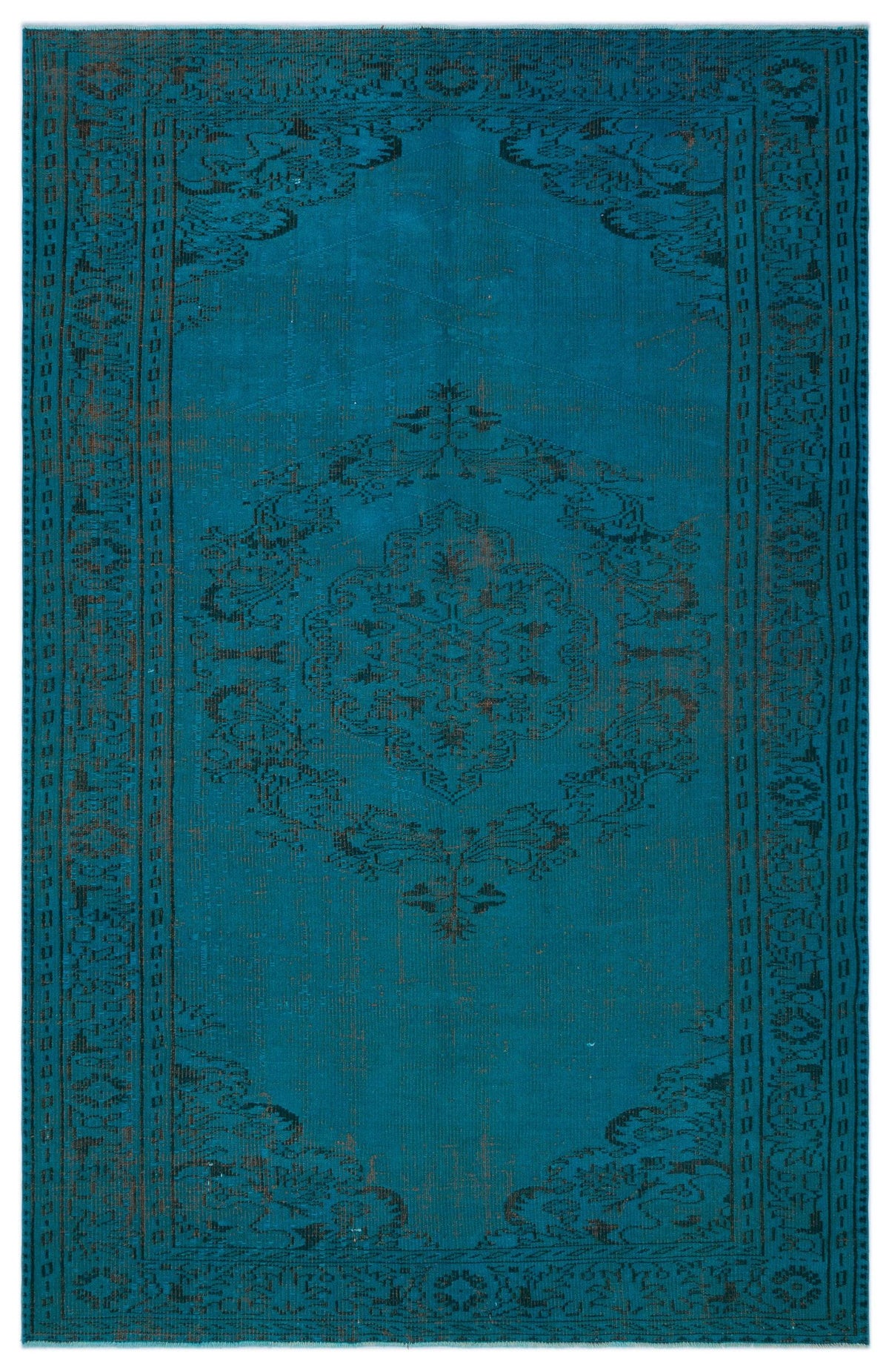 Teal rug with a distressed black traditional medallion pattern and a decorative border.