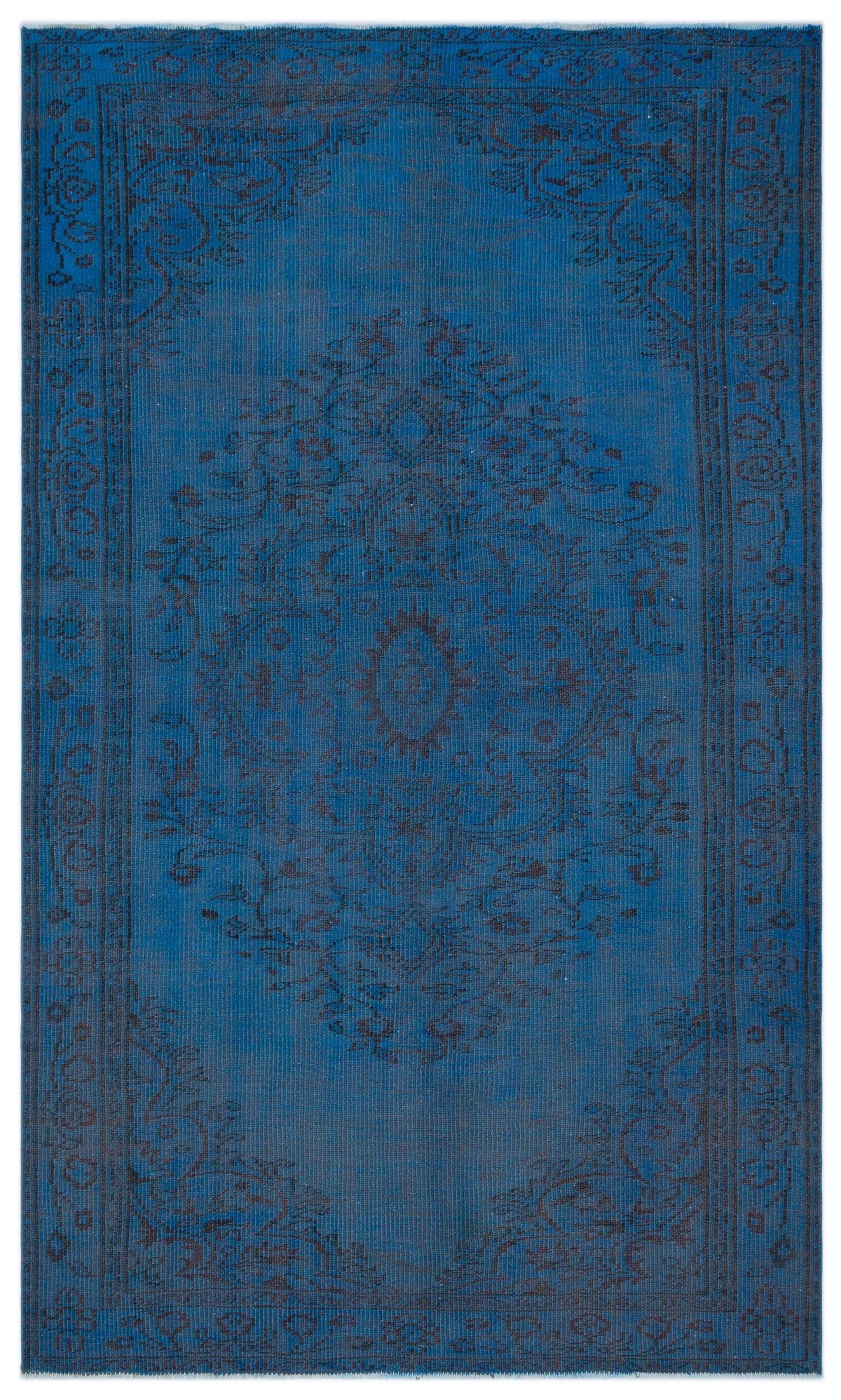 Monochromatic blue rug with a dark charcoal traditional floral medallion and border pattern.