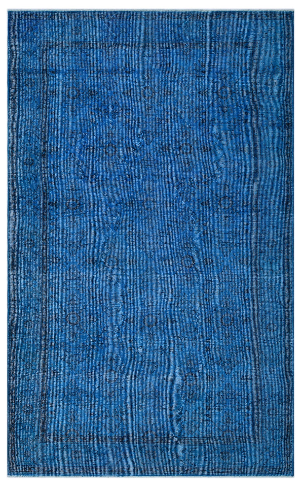 Monochromatic blue rug with a distressed traditional medallion pattern and a dark border.