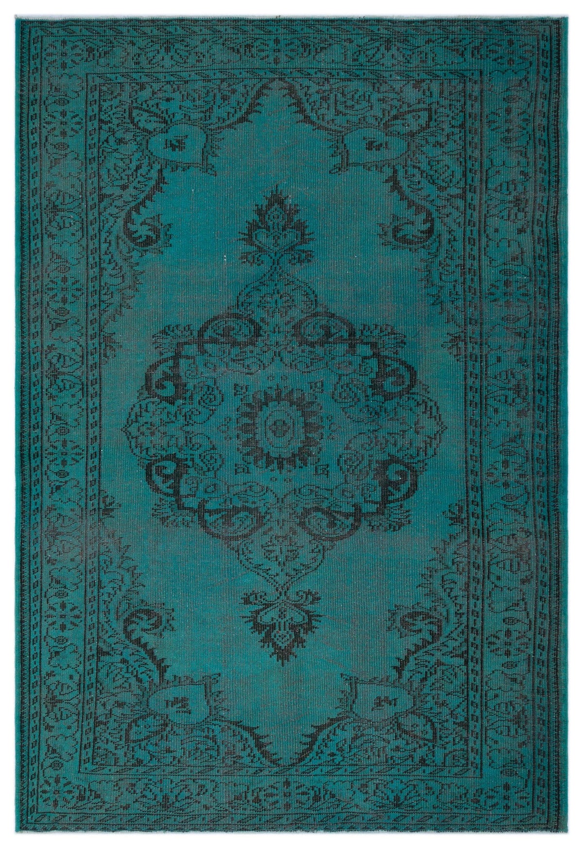 Teal rug with a black distressed traditional medallion pattern and a decorative border.