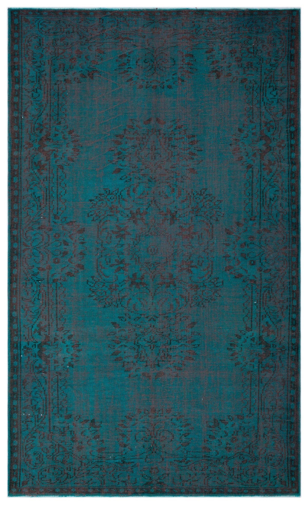 Teal and dark charcoal traditional rug with a distressed floral medallion pattern on a white background.