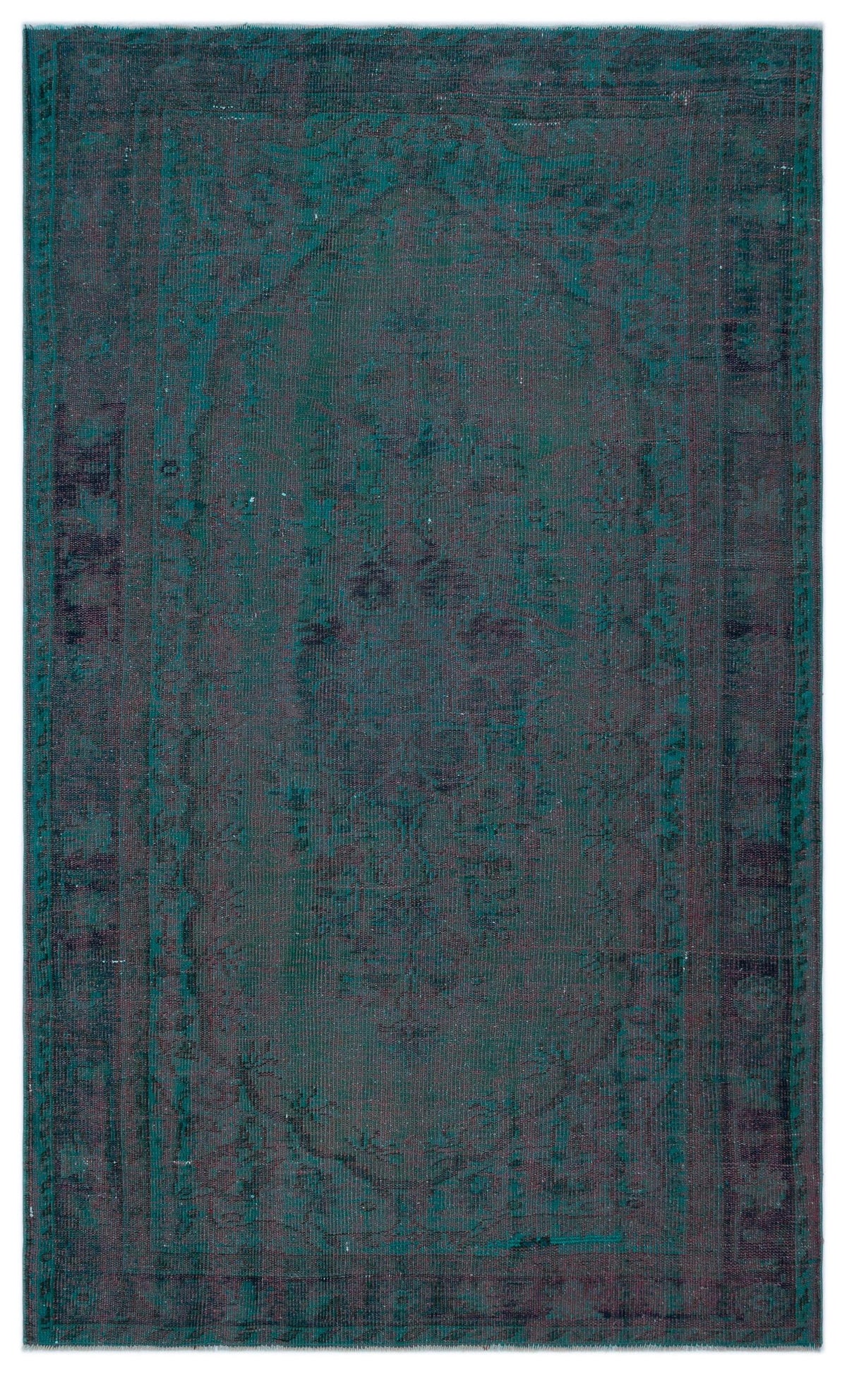 Dark teal and charcoal distressed vintage-style rug with a central medallion and ornate border.