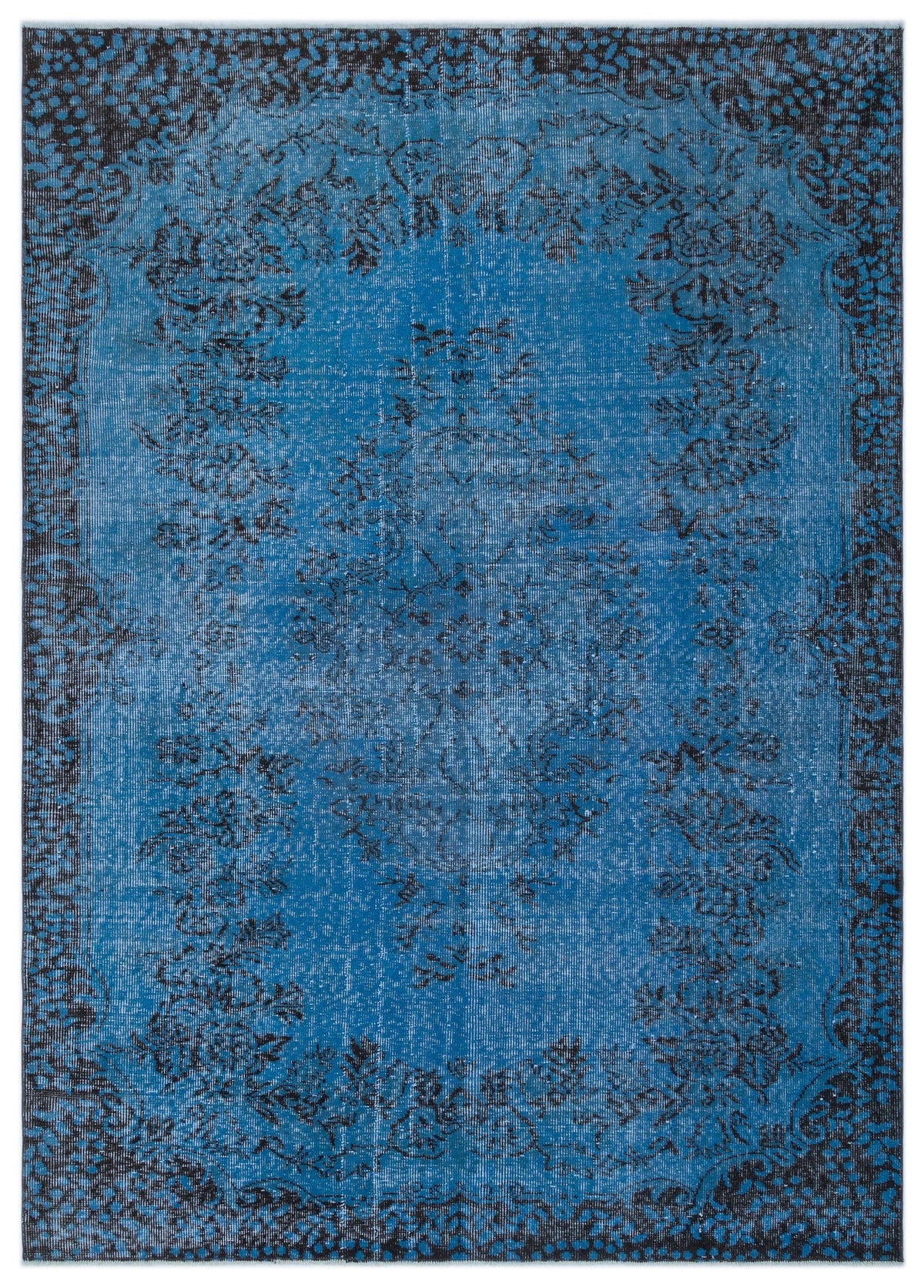 Blue and black distressed rug with a traditional floral medallion pattern and a wide decorative border.