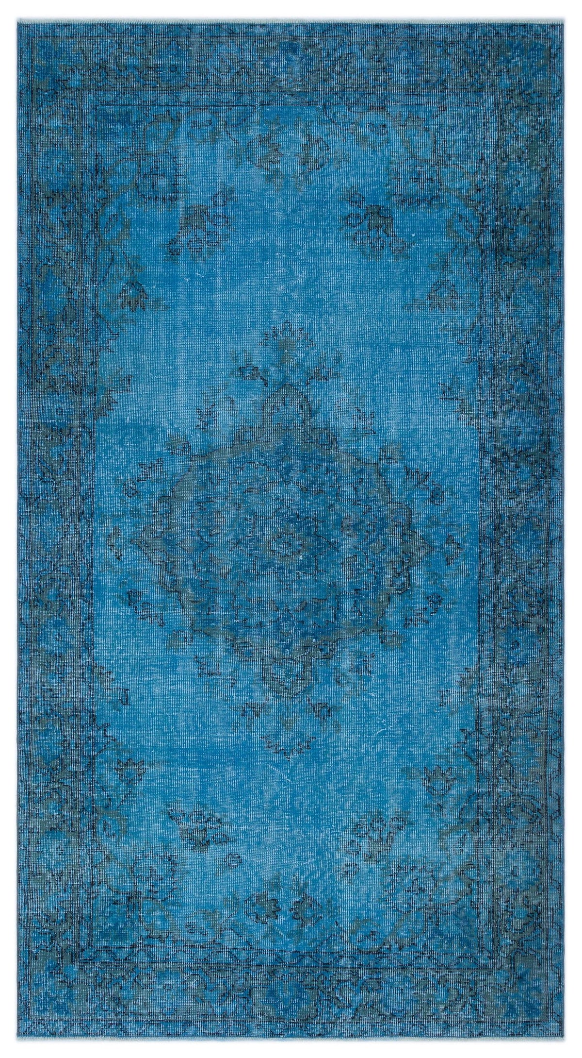 Bright blue distressed rug with a dark grey traditional floral medallion and border pattern on a white background.