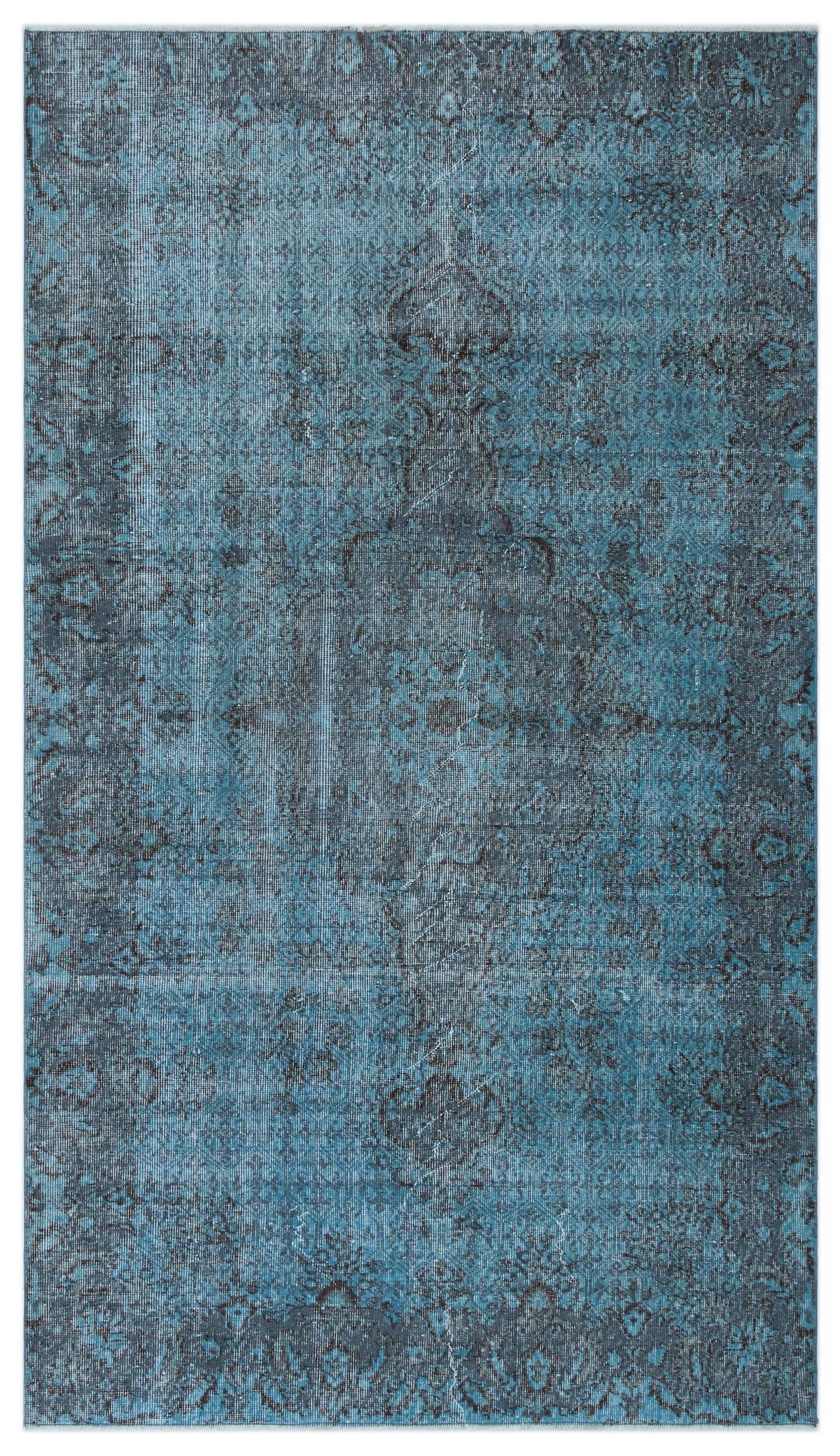 Blue and charcoal distressed rug with a traditional central medallion and ornate border pattern.