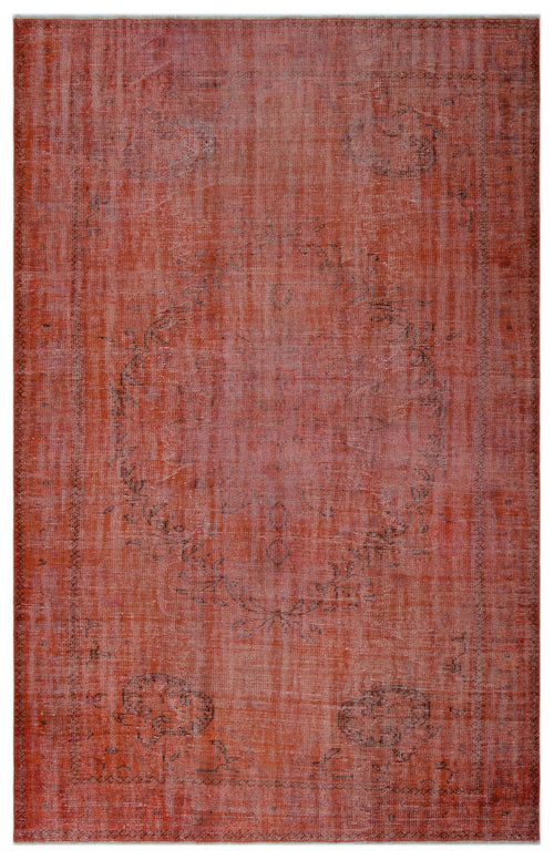 Load image 1 in gallery view. Terracotta red vintage-style rug with a faded, distressed medallion pattern and dark grey linear border details.