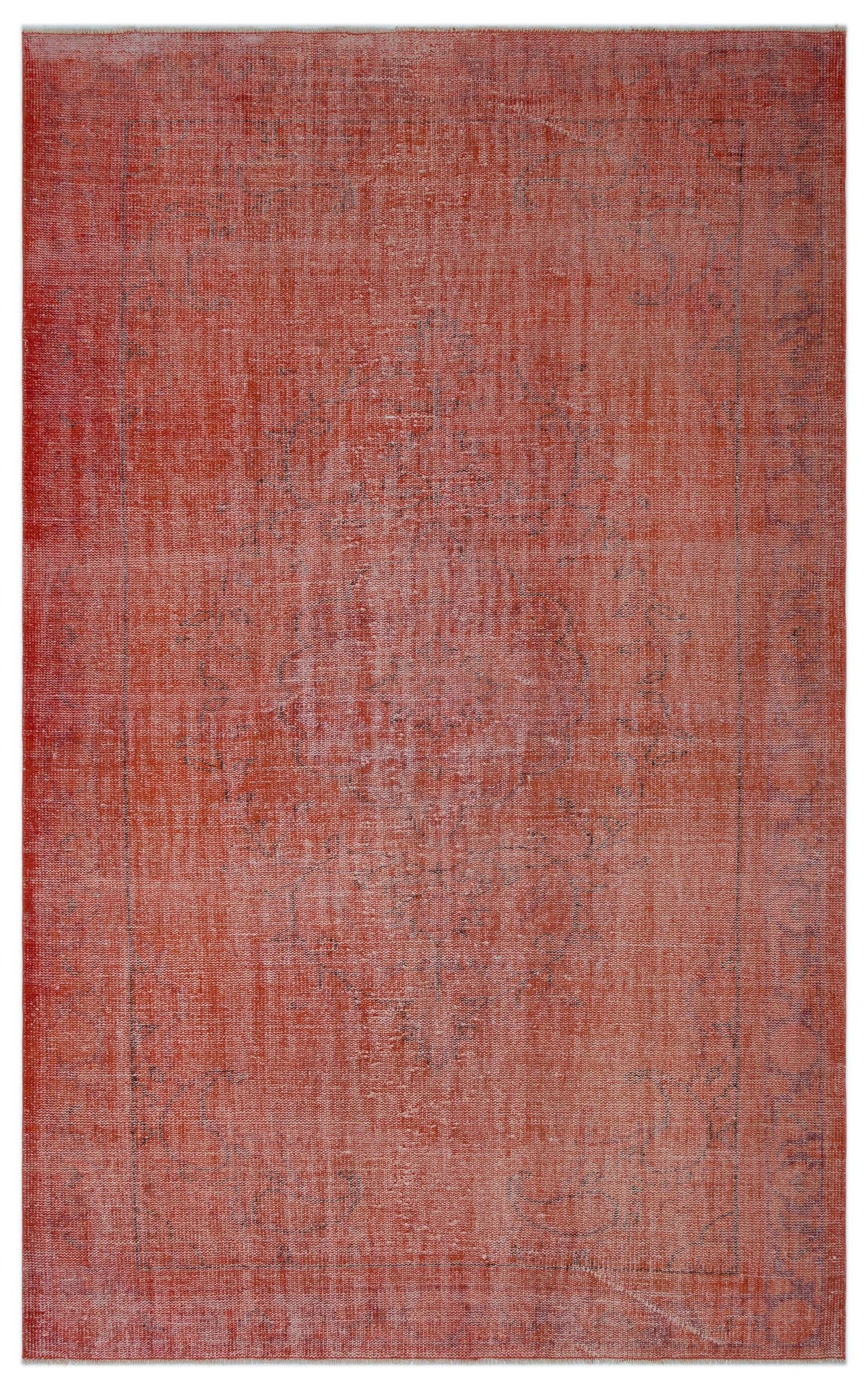 Terracotta red vintage-style rug with a faint, distressed central medallion and thin border on a white background.