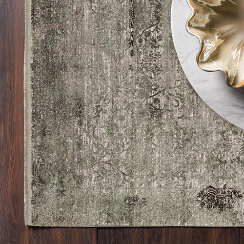 Load image 1 in gallery view. Sage green and grey distressed traditional rug with a faded medallion pattern, styled on a dark wood floor.